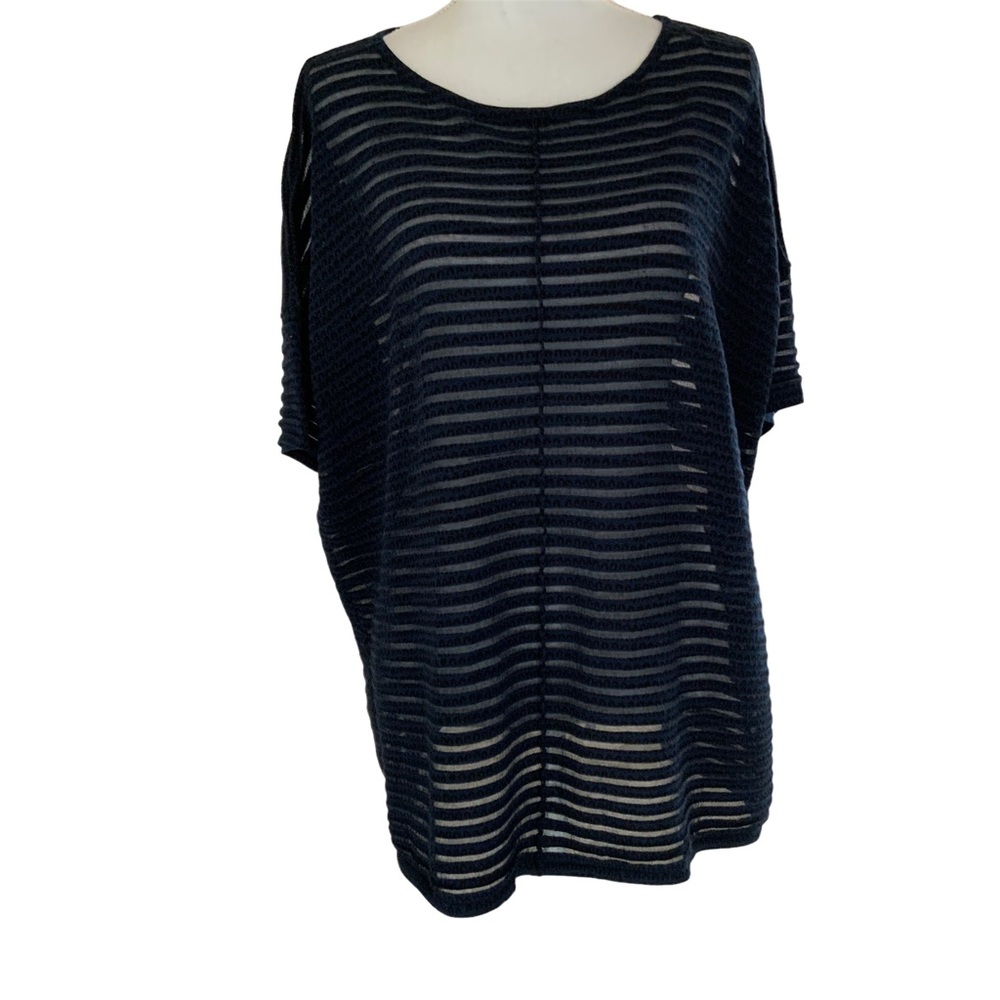 Bela NYC Women’s Top Large Navy Sheer Striped SHort Sleeves Cotton Blend